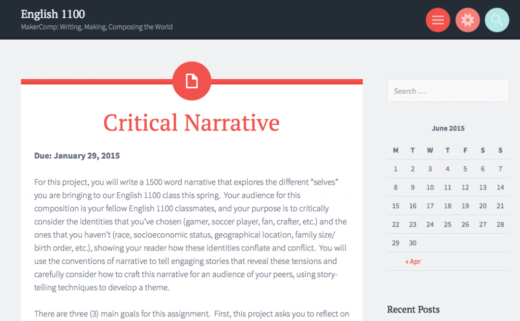 Screenshot of Steph West-Puckett's English 1100 class website. Page title is Critical Narrative.