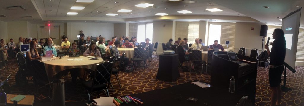 A crowded room of people attending our #OLCInnovate session about games and learning.