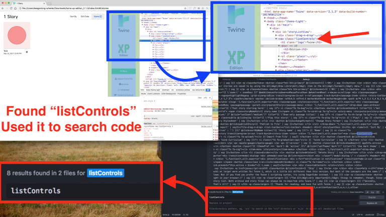 Showing how the web inspector can be used to find code to search in code source.