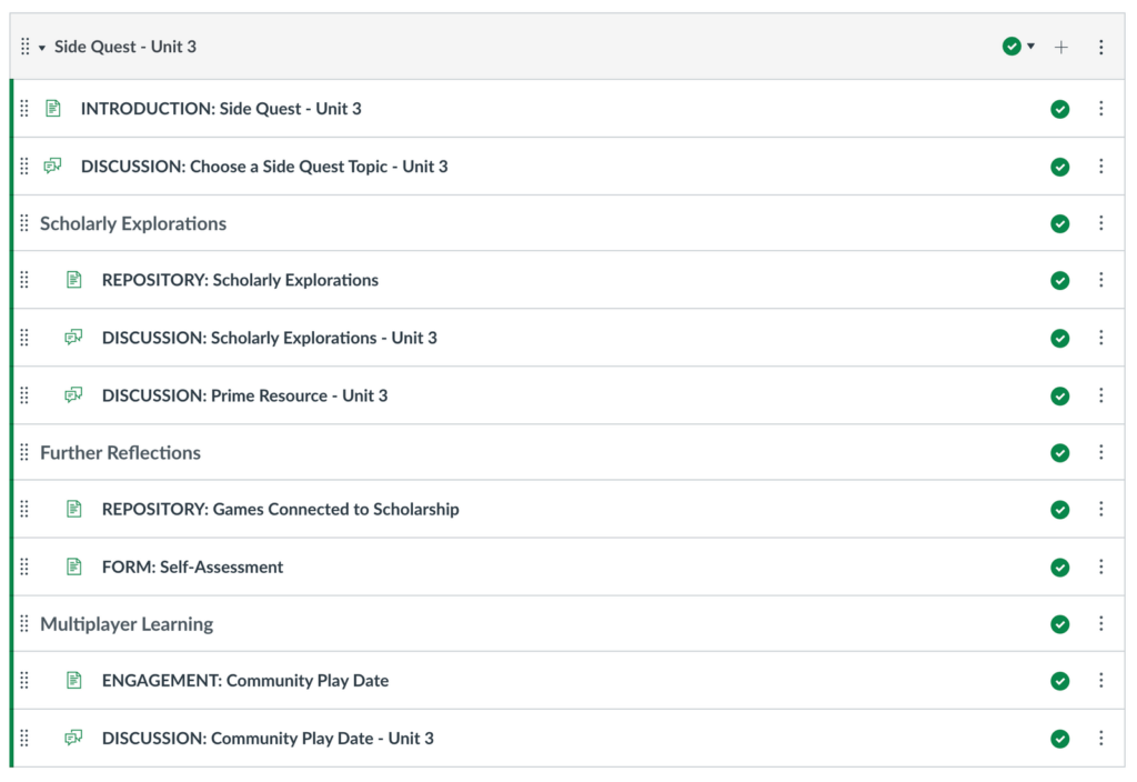 Screenshot of a Side Quest module in Canvas that includes sections on Scholarly Explorations, Further Reflections, and Multiplayer Learning for students to complete.